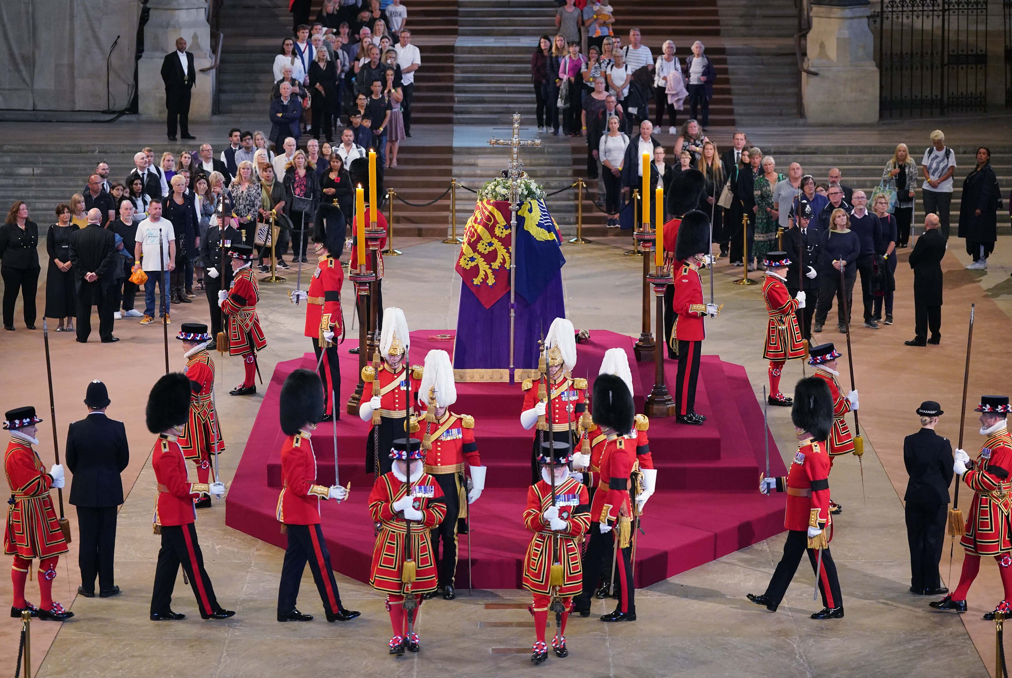 LONDON, ENGLAND - SEPTEMBER 14: The first members of the public pay their respects as the vigil begi